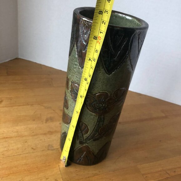 Vintage Japanese Otagiri Incised Vase by OMC Cylinder Pottery Olive Brown Colors - Picture 8 of 10